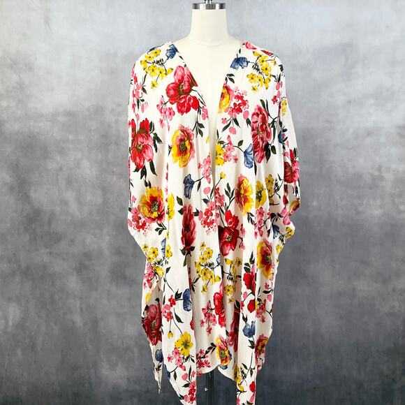 LIFE‎ Womens Kimono Coverup Medium Floral Boho Festival Beach White Lotus Resort - Picture 1 of 8